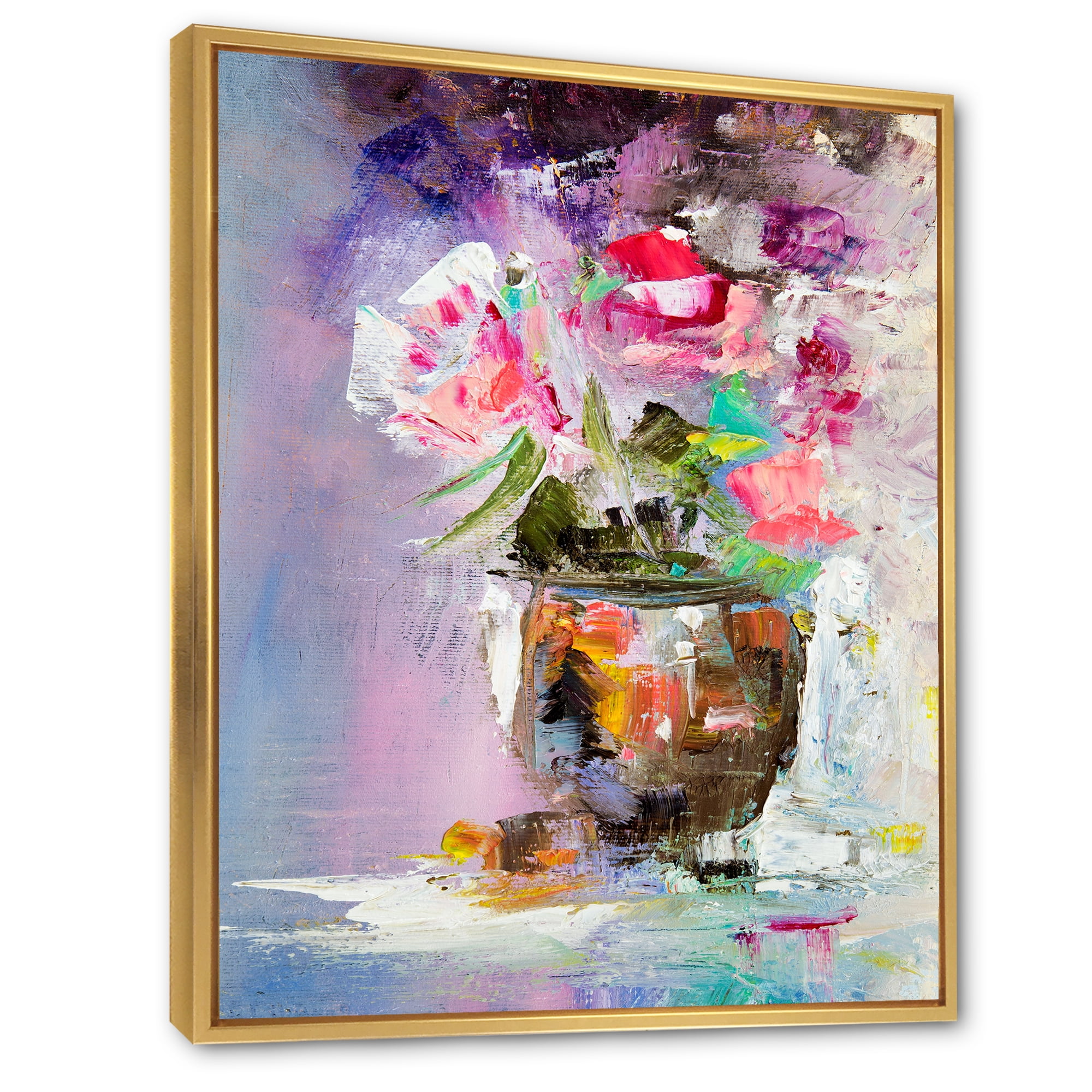 Designart 'Pink Fresh Abstract Flowers Bouquet in Vase' Modern Framed Canvas Wall Art Print