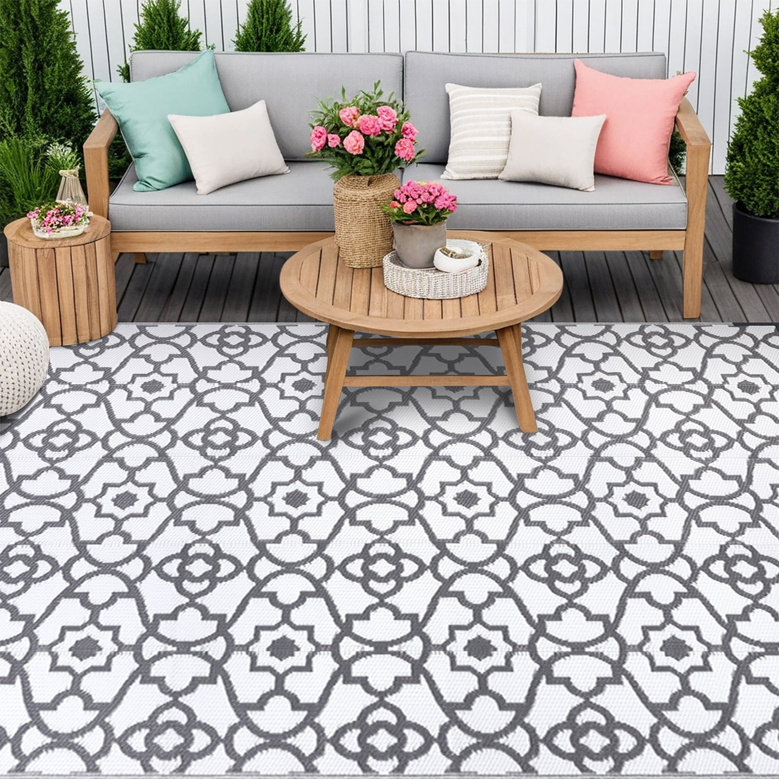MeyJey 6'x9' Outdoor Rug, Patio Rug Waterproof RV Outdoor Rug Camping Rugs Reversible Plastic Mat for Camping, Balcony Apartment, Patio, Porch, Picnic, Beach, Gray