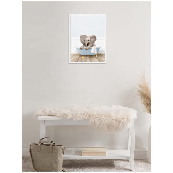 Kate and Laurel Baby Elephant 6 in Cottage Blue Bathtub Framed Canvas Wall Art by Amy Peterson 18 x 24 Sylvie White, Whimsical, Animals, Bathroom Art for Wall Decor, Living Room, Bedroom