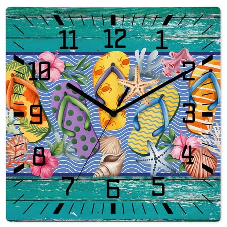 Wall Clock Flip Flops Operated Square Clocks Wooden Silent Non-Ticking Wallclock 12 Inch Slippers Summer Holidays Marine Life Wood Wood Wall Clock for Living Room Bedroom Office Shool Home Decor