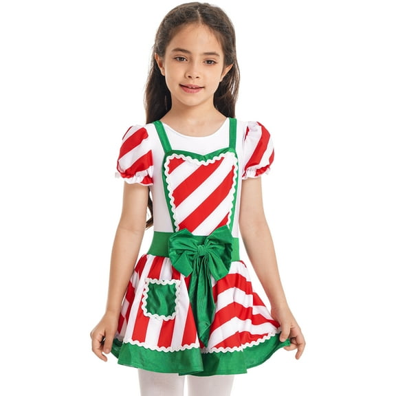 iEFiEL Kids Girls Christmas Candy Cane Striped Dance Costume Figure Ice Skating Tutu Mesh Dress Xmas New Year Party Dancewear White 4