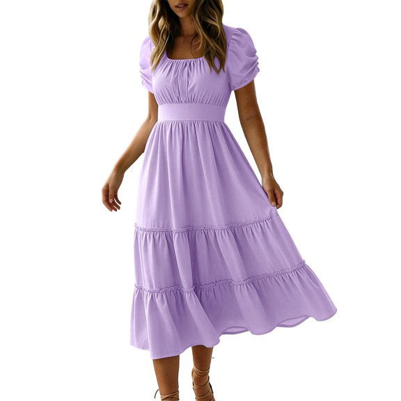 zbxnLI Maxi Dress for Women Fashion Wrap A Line Puff Short Sleeve Sundress Summer Vacation Wedding Dresses