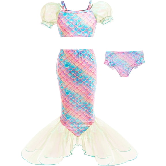 Girls Sparkle Mermaid Swimsuit 3 Piece Sets Kids Tankini Swimwear with Cover up 3-10Years