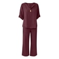 thumbnail image 5 of Women's 2 Piece Lounge Set, 3/4 Sleeve V Neck Casual Top and Wide Leg Pants, Soft Material Matching Outfit for Daily Wear, Beach Travel and Relaxation-Wine, 5 of 7