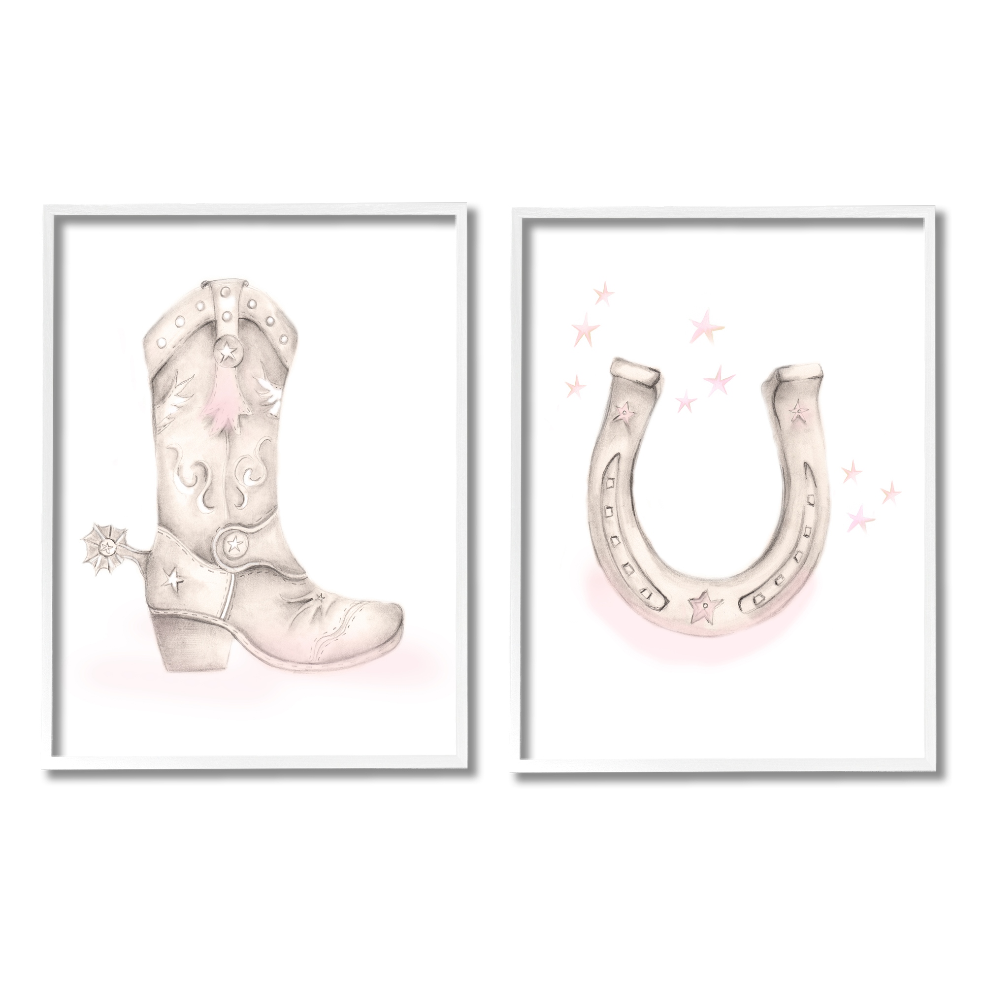 Stupell Industries Cowboy Boot Pink Stars Horseshoe Western Theme Graphic Art White Framed Art Print Wall Art, Set of 2, Design by Studio Q