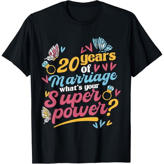20th Wedding Anniversary T-Shirt Retro 20 Years of Marriage What's Your Superpower Graphic Tee for Couples Husband Wife Gift Idea Funny Heart Butterfly Design