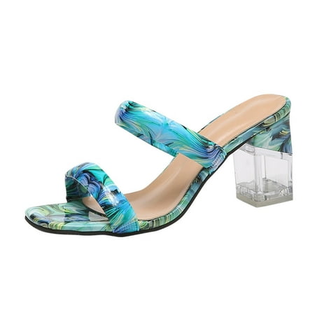 

Print Chunky heel Sandals for Women Fashion Spring and Summer Women Sandals Peep Toe Colorful Print Chunky High Heel Sexy Shoes Blue
