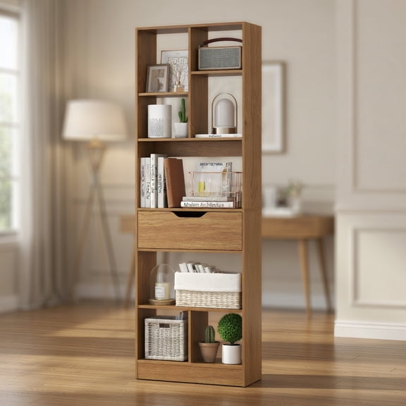 Resenkos 61 Inch Tall Freestanding Bookcase with Drawer, 8-Cube Storage Organizer for Study, Bedroom, Natural