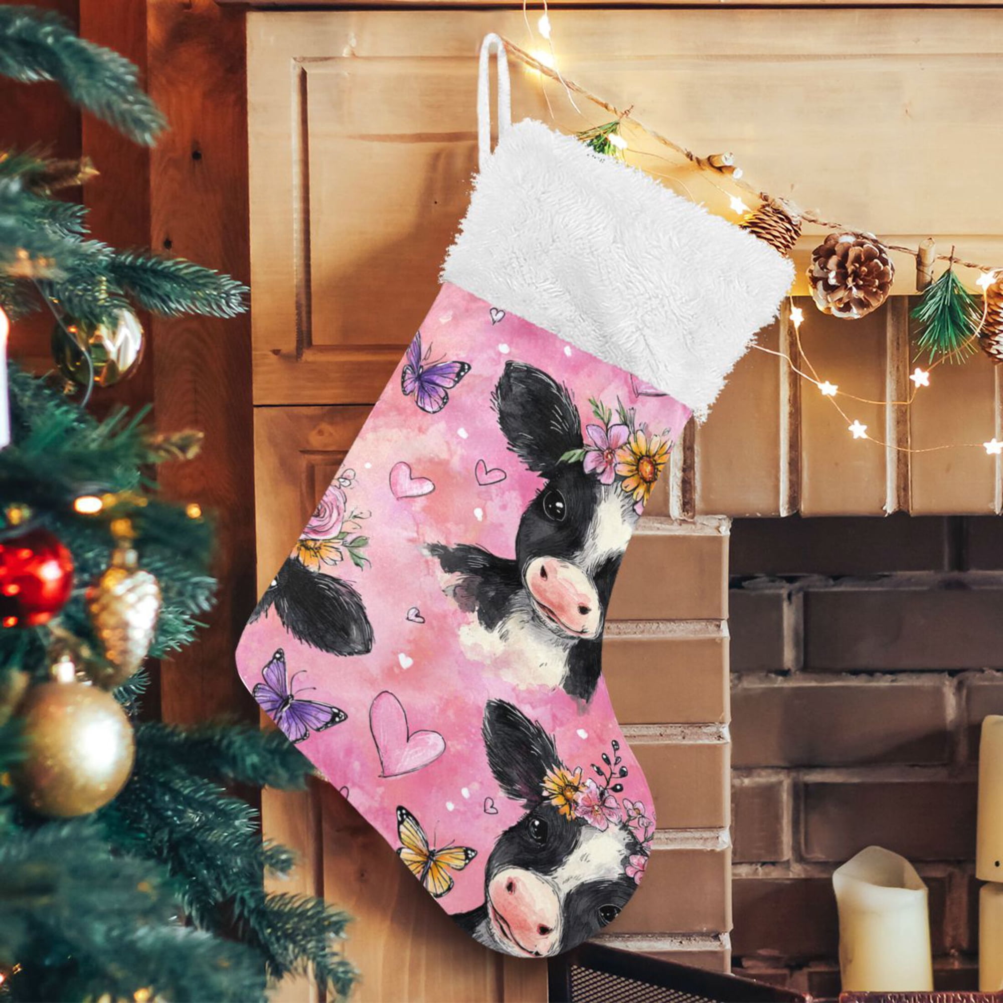 RMDQTR Christmas Stockings for Xmas Gifts - Large Size Festive Holiday Decor for Family Cute Baby Cows with Flowers