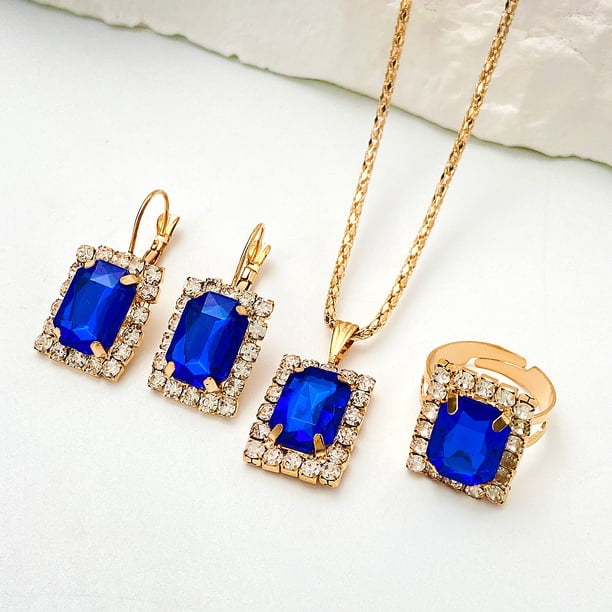 Nvzi Conjunto de joyas de diamantes de imitación con forma de gota de agua a la moda, collar con colgante de gota de agua retro,conjunto de joyas para madre, novia, boda, azul A