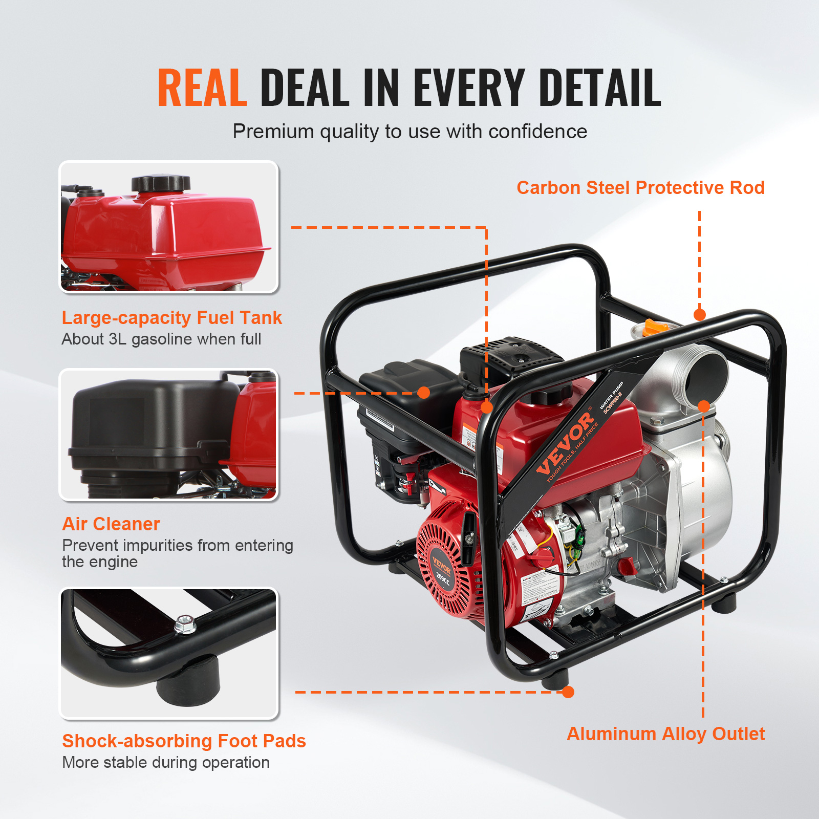 VEVOR Gasoline Powered Trash Pump,3 in/80 mm,7HP 242GPM 4-Stroke Gasoline Engine Water Transfer Pump with 25 ft/7.62 m Outlet Hose Max 98 ft Lift 26ft Suction,Cast Iron Impeller for Irrigation Pool