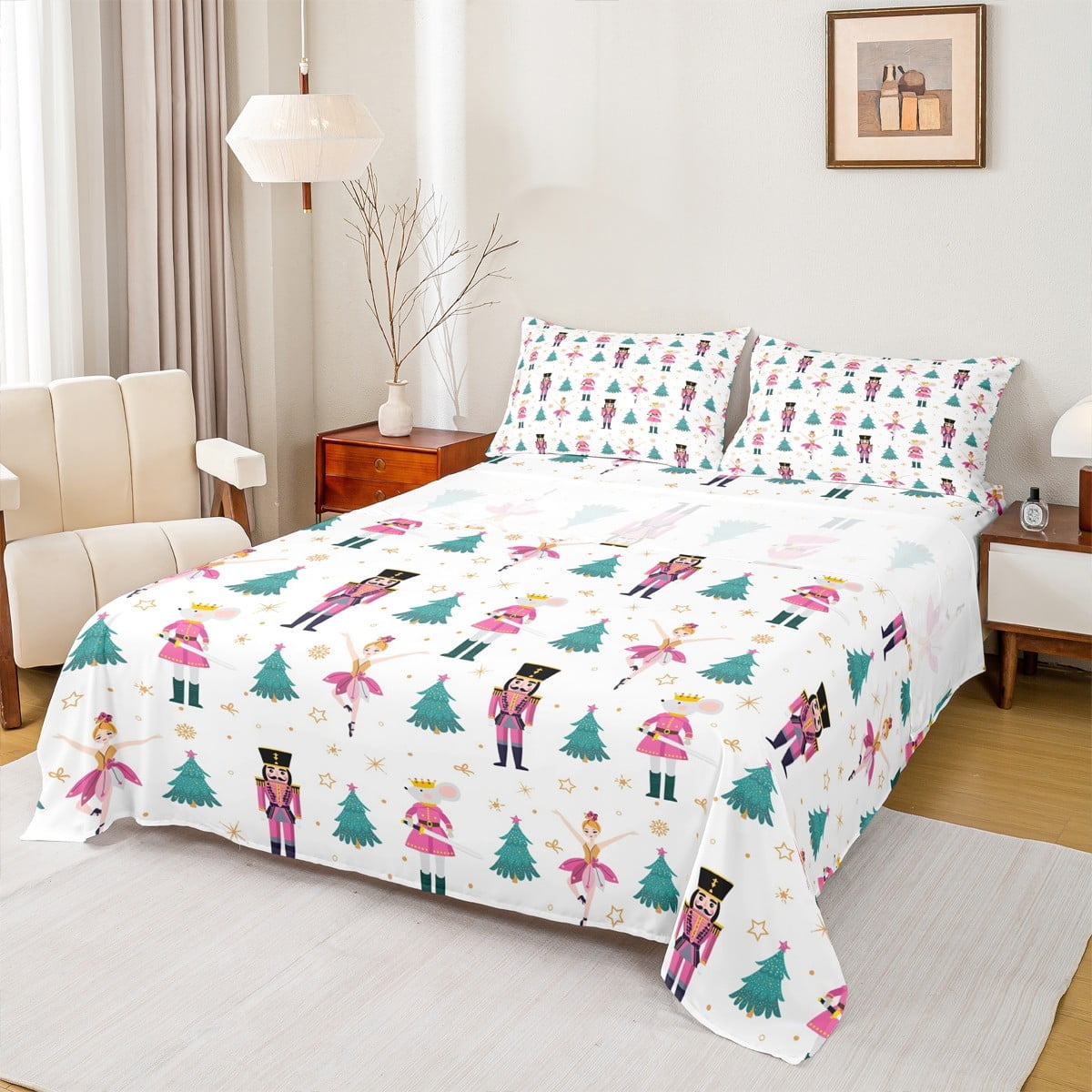 Feelyou Christmas Nutcracker Queen Sheet Sets for Kid Dreamy Princess Fairy Flat Sheet Kawaii Rat Guard Queen Fitted Sheet Lightweight Room Decor 4pcs