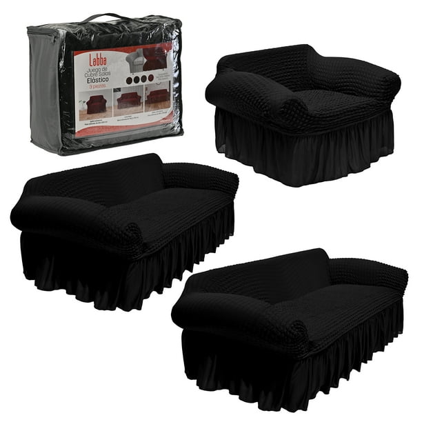 LABBA Fundas Elásticas para Sillones con Olanes, Juego de 3 Piezas, para Sofá Individual/Love Seat/Tres Plazas Color Negro