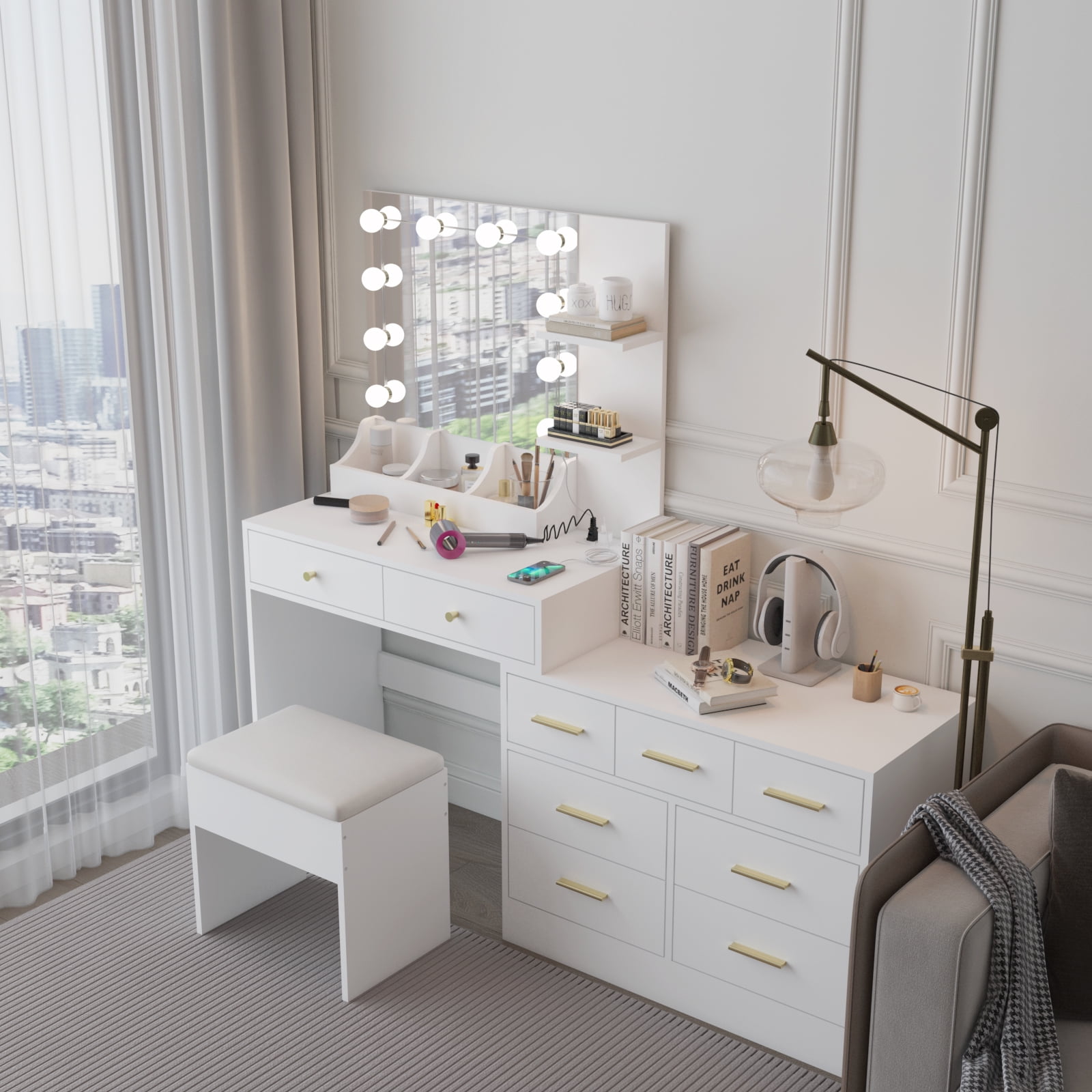 Ktaxon Makeup Vanity with 9 Drawers&USB Charging Station, Vanity Desk with 3 Color Light, Vanity Table Set w/ 9 Drawer Dresser, White