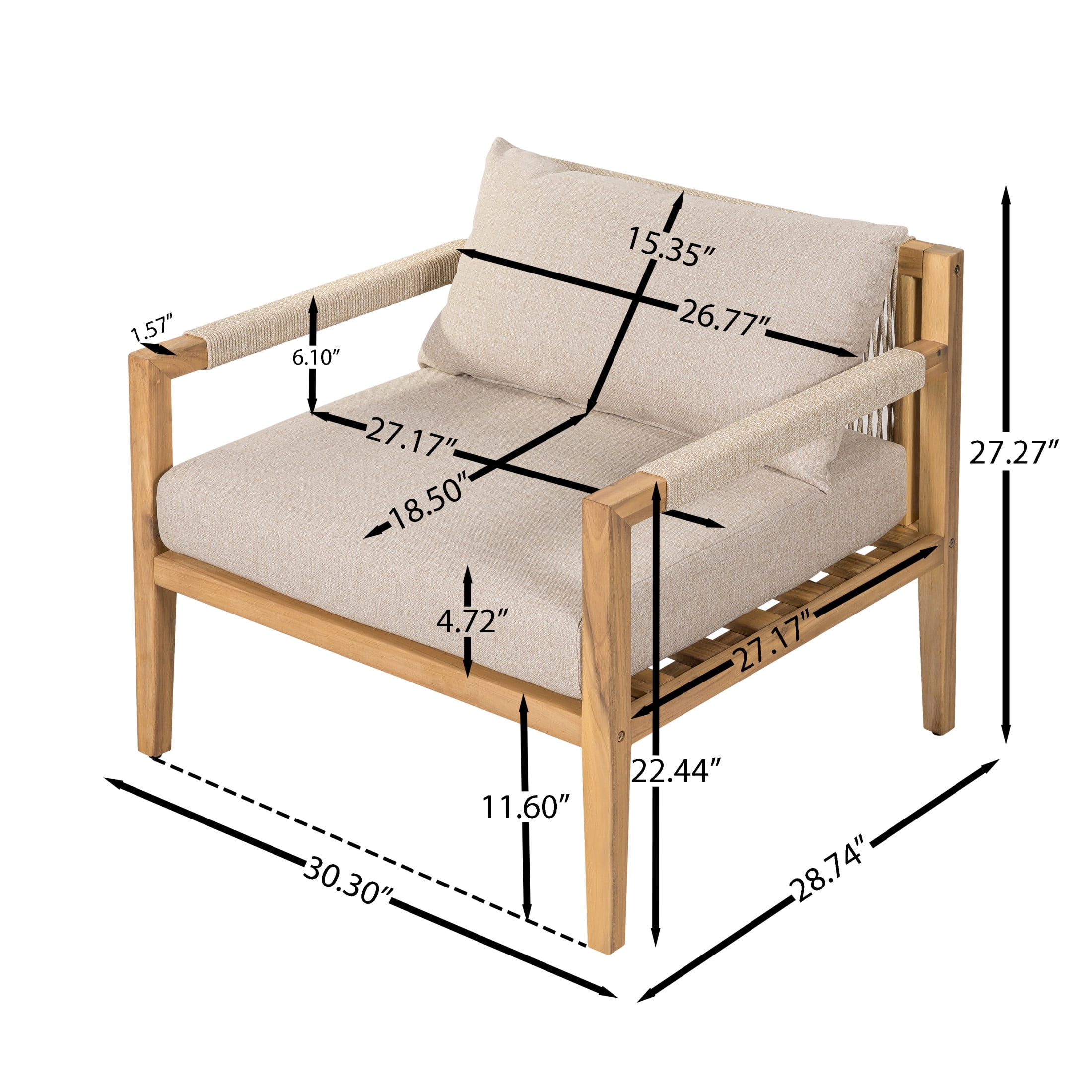 Christopher Knight Home Acacia Wood Rope Back Club Chair with 16.54" Side Table, Beige Cushion