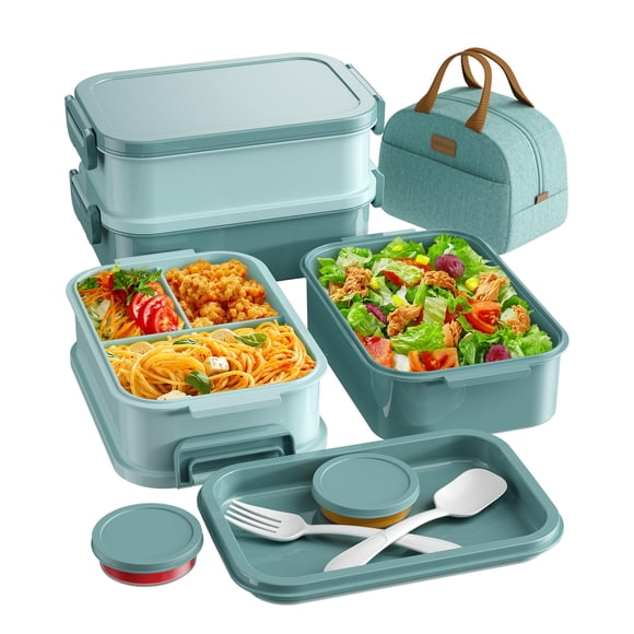 Set de fiambrera Bento KEMETHY 2190 ml a prueba de fugas de 3 niveles en verde