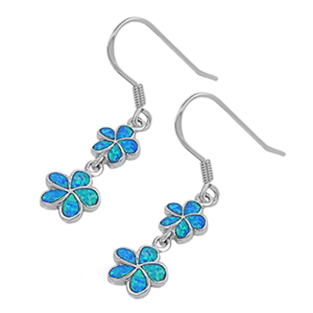 Flower Plumeria Hanging Earrings Blue Simulated Opal .925 Sterling