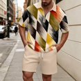 thumbnail image 2 of Men Striped Waffle Knit 2 Piece Outfit, Half Zip Short Sleeve Polo Shirt & Matching Drawstring Shorts Summer Casual Set Khaki L, 2 of 4