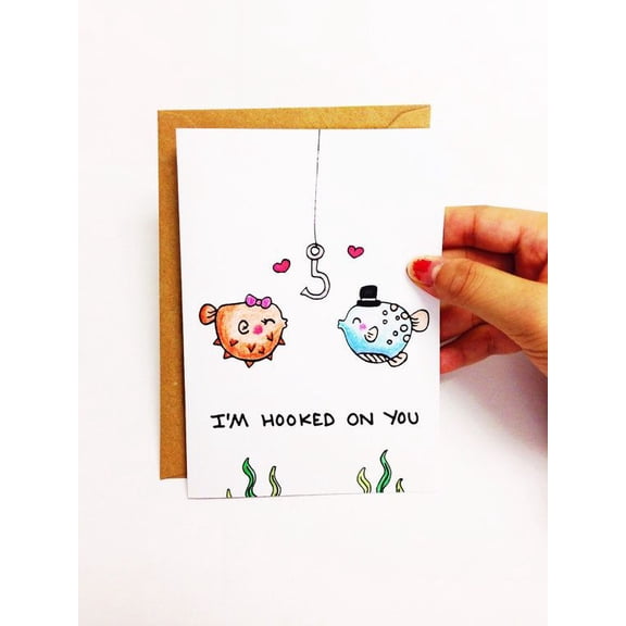 Cute Fish Valentine's Day Card – "I'm Hooked on You" Design – Envelope Included, Blank Inside – Ideal for Couples, Friends, or Loved Ones