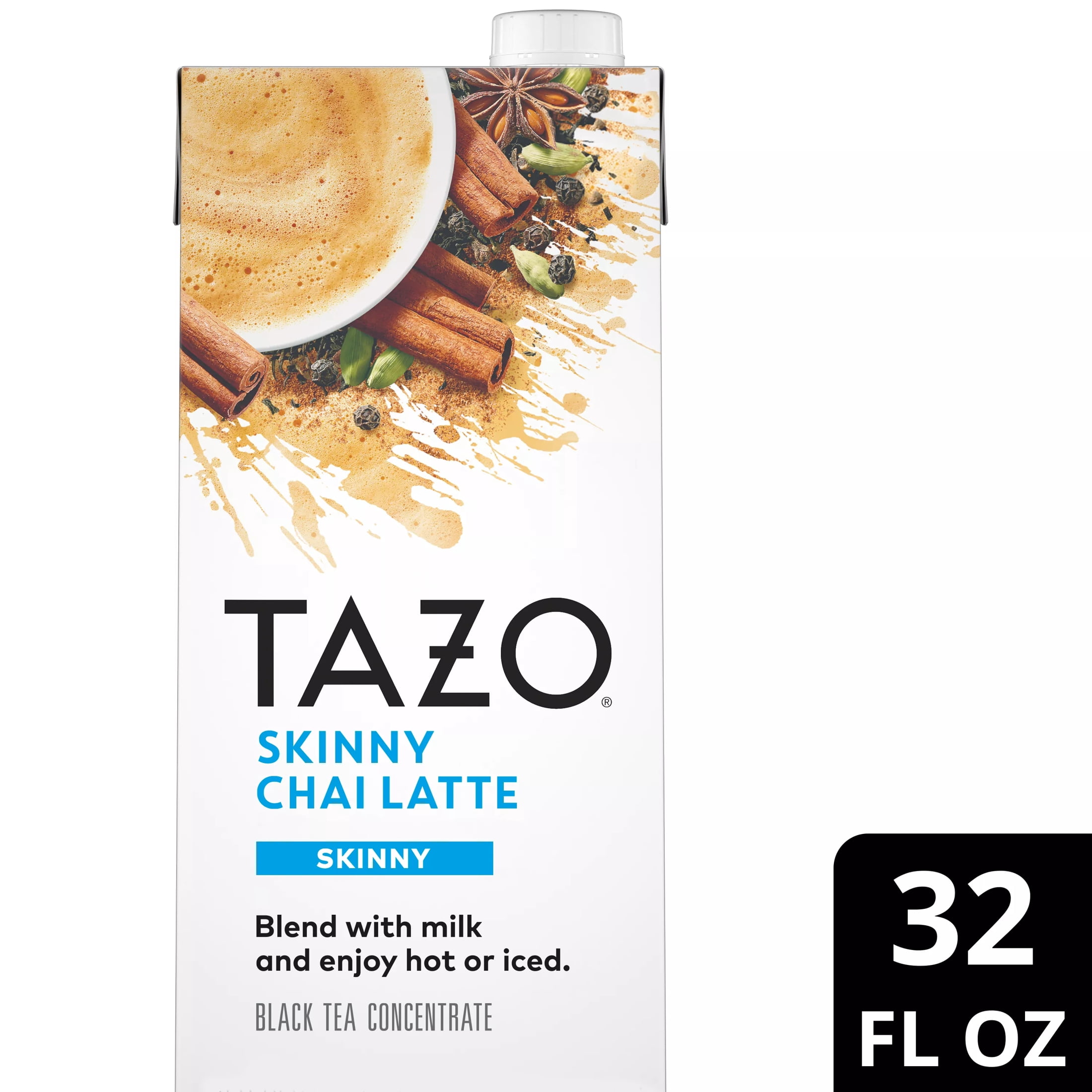 (4 pack) TAZO Skinny Chai Latte, Black Tea Concentrate, Hot or Iced Tea, 32 oz Carton