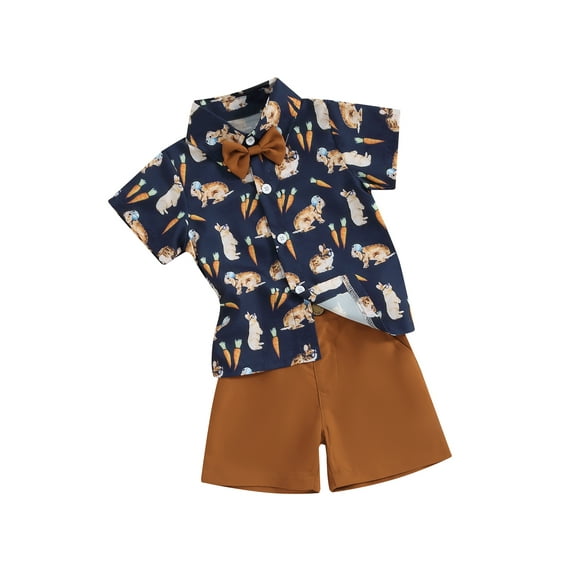 Suealasg Toddler Boys Easter Gentleman Suits Outfits 6M 1T 2T 3T 4T Short Sleeve Lapel Carrot Rabbit Print Bowtie Shirt and Suspender Shorts Set 2Pcs Kids Baby Boys Clothes Set