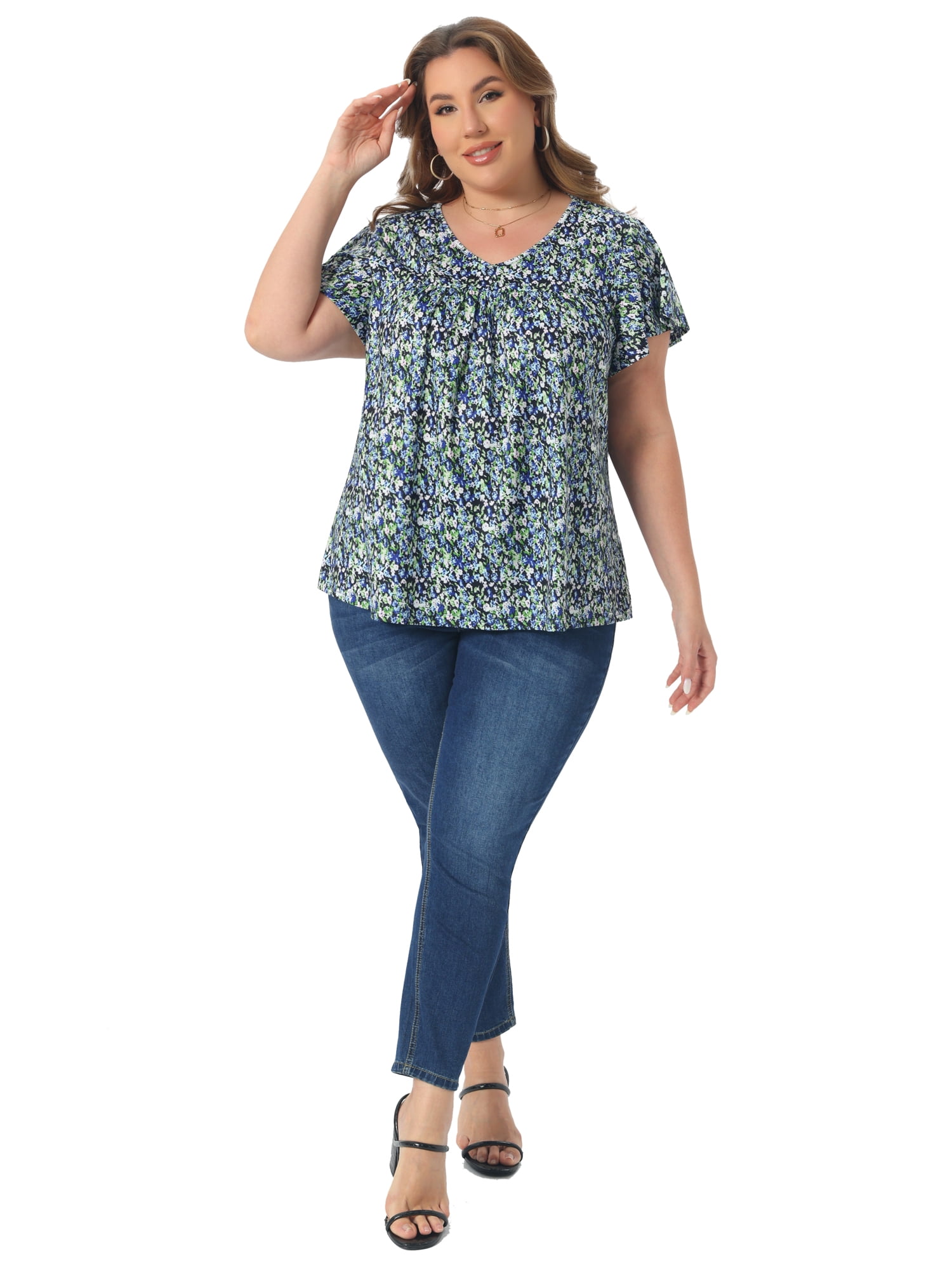 DARING DIVA Women's Plus Ruffle Boho Floral T Shirt 2X Navy Blue