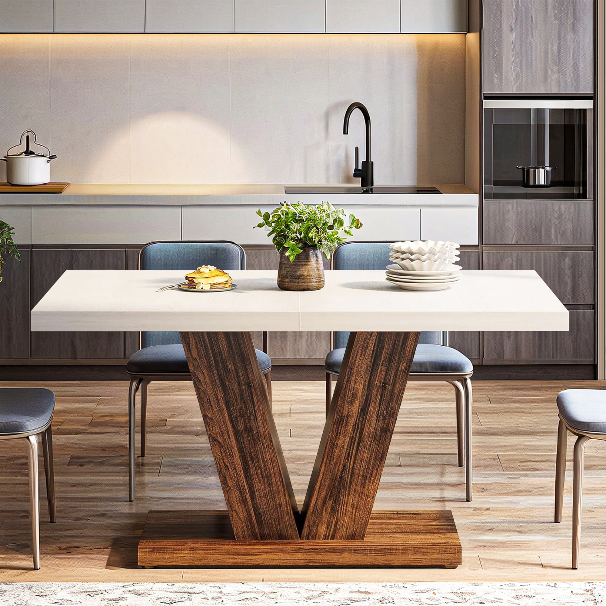 Demi Bonn 47" Modern Dining Table for 4 People, Wood Farmhouse Kitchen Table with Duty Pedestal for Dining Room, Home, White