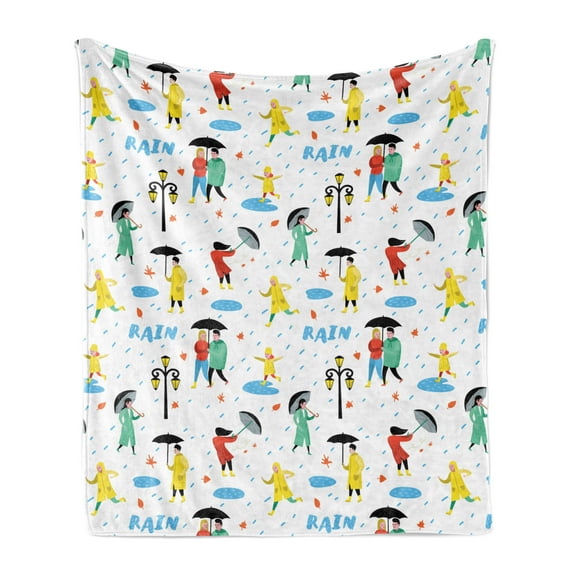Rain Soft Flannel Fleece Blanket, Continuous Couple Under Umbrella Lettering Park Theme Leaves on Plain Backdrop, Cozy Plush for Indoor and Outdoor Use, 70" x 90", White Multicolor, by Ambesonne