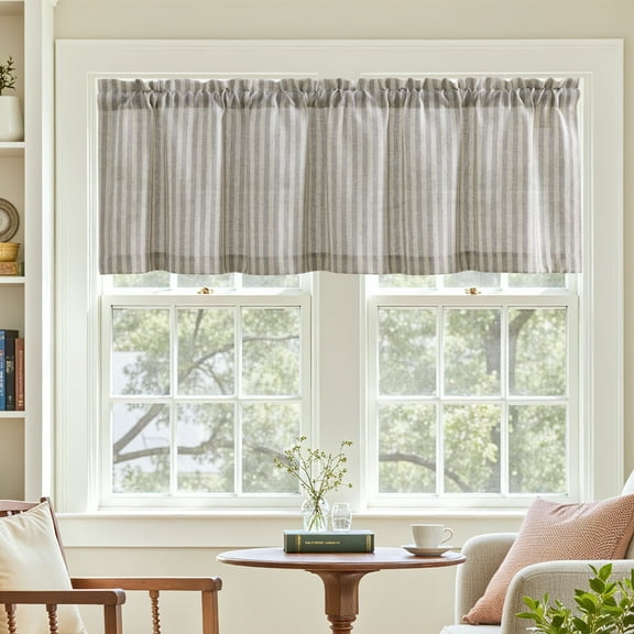 CURTAINKING Kitchen Valance Stripe Pattern Farmhouse Window Valance 18 inch Linen Window Treatment for Bathroom Rod Pocket 1 Panel Grey