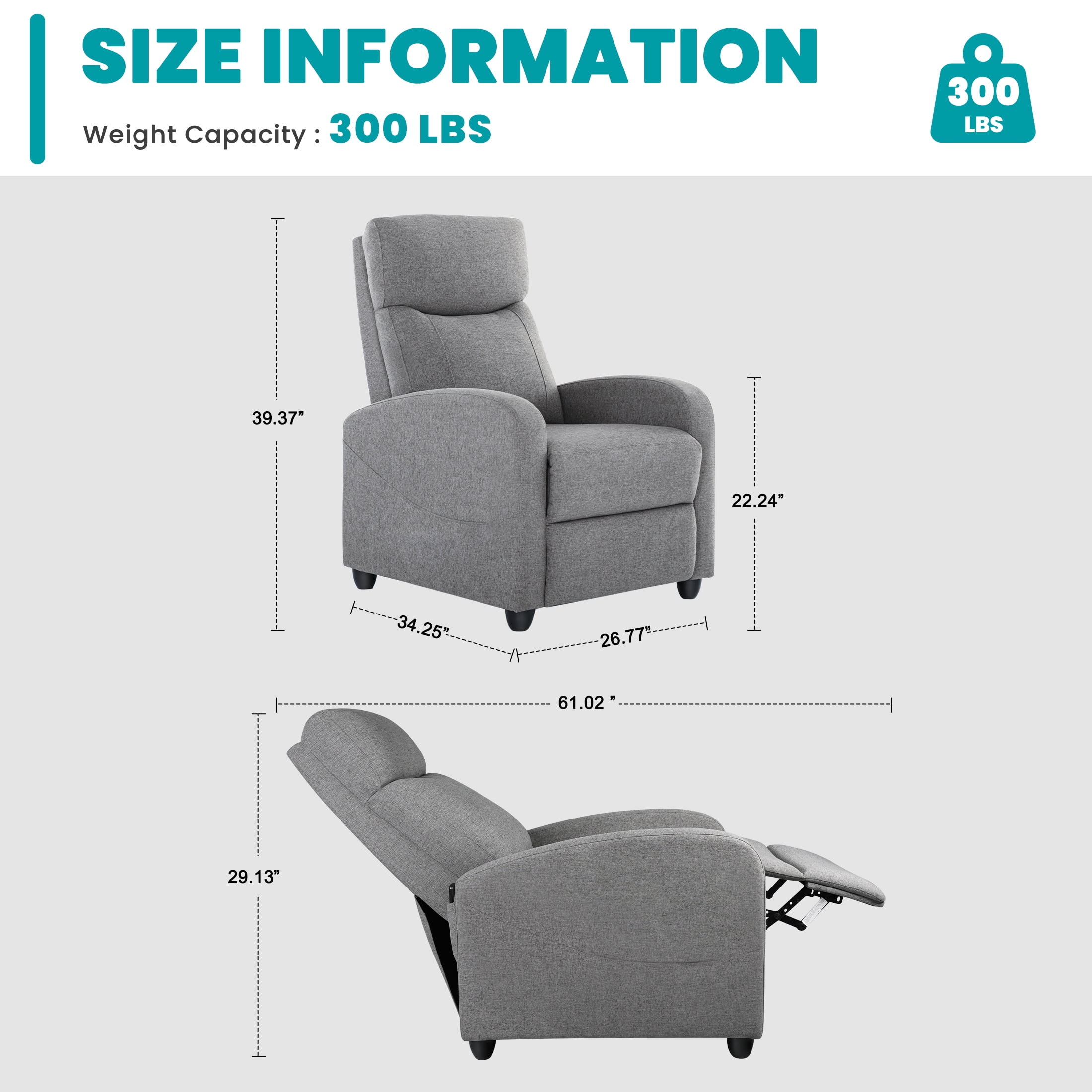 EDX Linen Recliner Chair, Small Recliner Sofa Chair with Padded Seat & Side Pocket, Modern Seating Furniture with Footrest & Backrest for Home, Theater, Living Room, Grey
