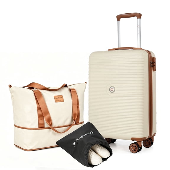 Travelhouse 3-Piece Hardside Spinner Carry on Luggage Set with TSA Lock and Travel Bag, White