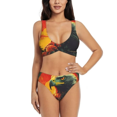 Zeuib Hawaiian Style Bald Eagle High Waisted Tummy Control Bikini Set - Knot Front Push Up Top & Cheeky Thong Bottom  Two-Piece Swimsuit for Women-Medium