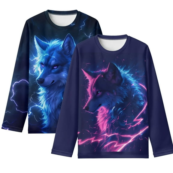 FUIALDOLG Blue Purple Wolf Boys Long Sleeve Shirts 2 Pack Soft Loose Tees for Kids 7-8 Years Round Neck Pullover Tops Winter Layering