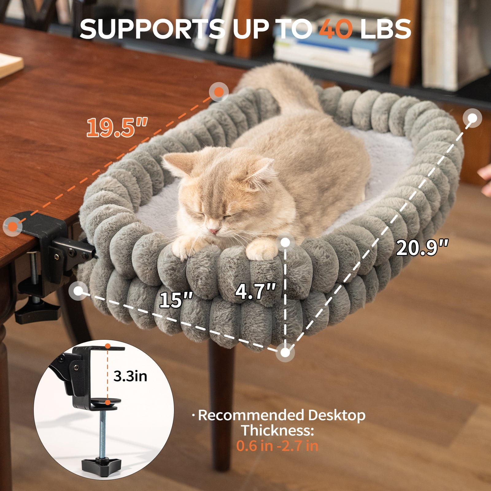 CheerPals Cat Desk Bed, 21*15in Double-Layer Foldable Cats Hammock, Plush&Grids Design for All Reason(Medium,Grey)