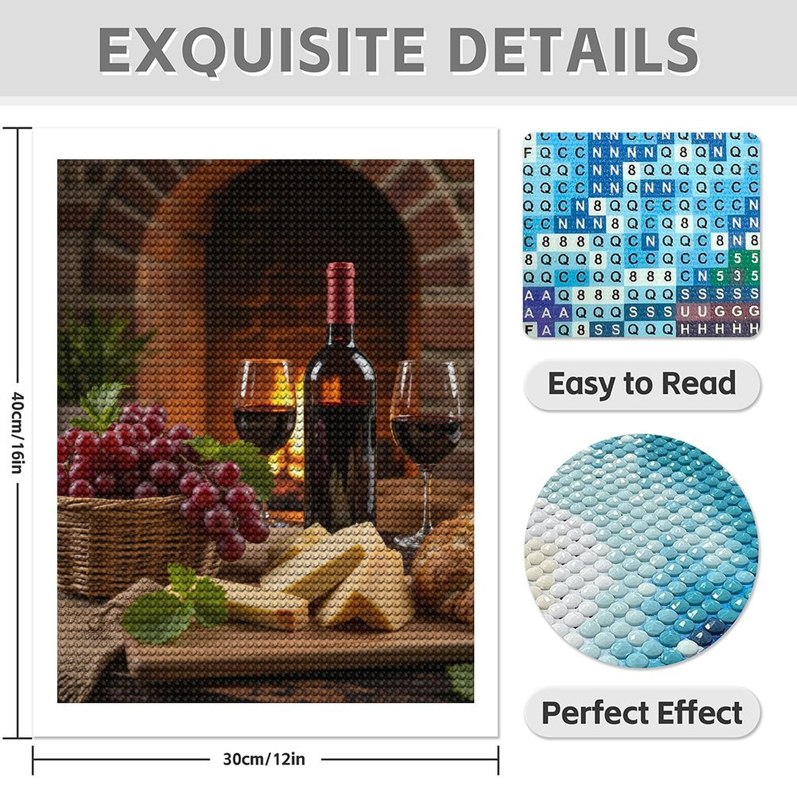Diamond Art Kit for Adults, Wine Grapes Cheese Bread Fireplace Diamond Painting for Adults Beginners, DIY Diamond Art Painting Kits, 5D Diamond Painting Crafts for Home Decor 12x16 Frameless
