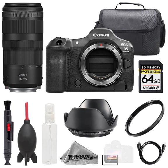 Canon EOS R5 II Camera   100-400mm f/5.6-8 IS USM Lens  64GB   Bag  UV Filter- Basic Kit (International Version)