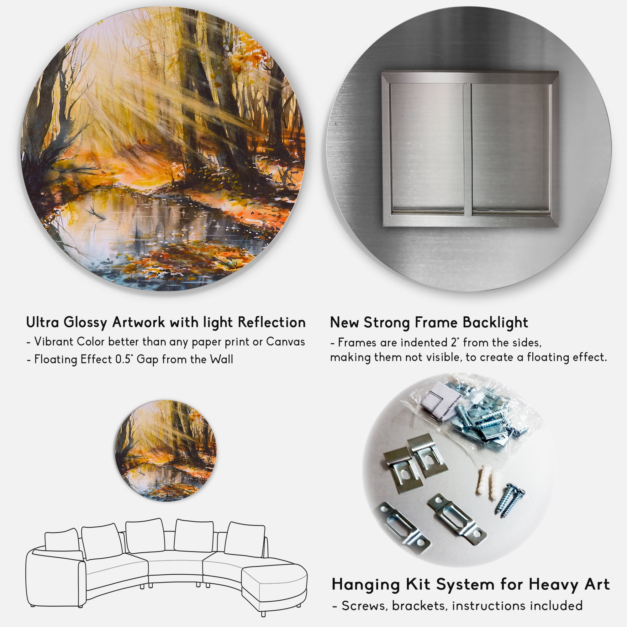 Designart 'Bright Sunshine Through The Brown Forest Trees' Lake House Circle Metal Wall Art 11x11 - Disc of 11