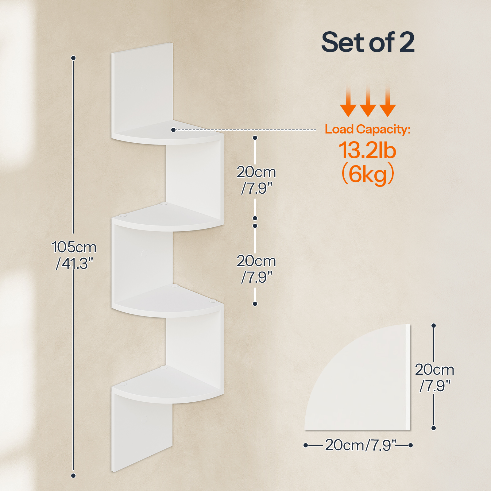 HOOBRO Corner Shelf Wall-Mounted, Set of 2 Floating Corner Shelves for Wall, 4-Tier Corner Bookshelves for Living Room, Bedroom, Bathroom, Home Office, White WT25BJP201