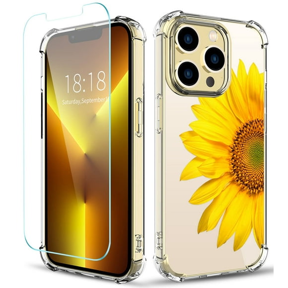 ilnehc Coque Fleur Conçue pour iPhone 13 Pro Max [avec Protecteur d'Écran], Coque de Téléphone Florale Transparente pour Femmes Antichoc Protectrice en TPU Souple 6.7 Pouces 2021 (Fleur Soleil/jaune)