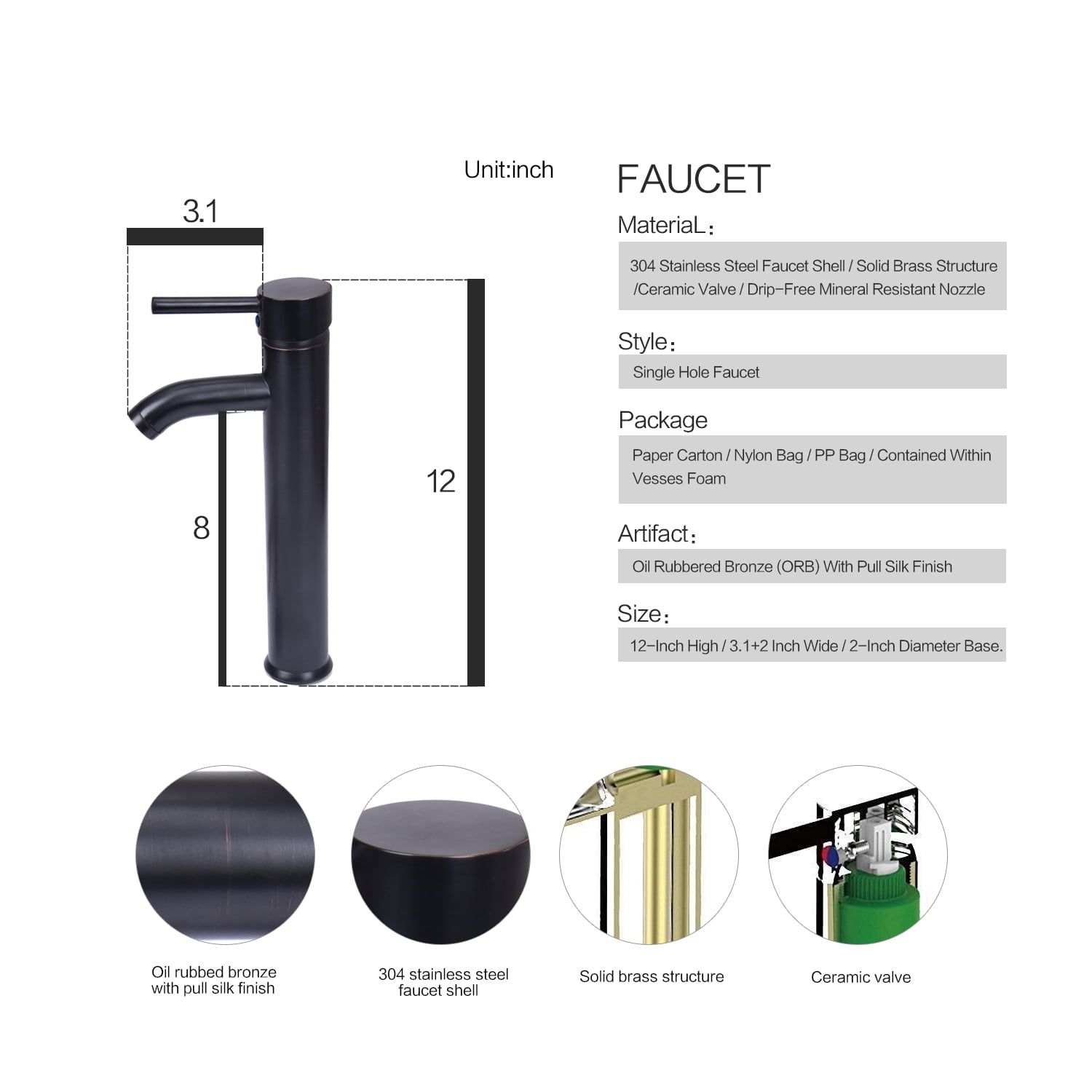 FULLWATT Ceramic Bathroom Vessel Sink with Faucet Combo with Overflow Bowl Square Basin Black and White
