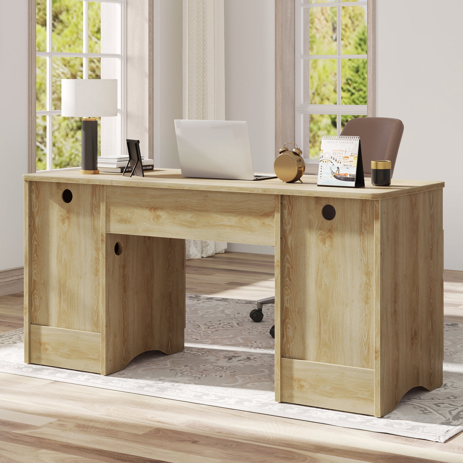 Bestier 59" Modern Executive Desk with Storage, Wood Home Office Desk with 2 Drawers & 3 Cabinet, Fluted Computer Writing Desk for Study, Living Room, Bedroom, Oak