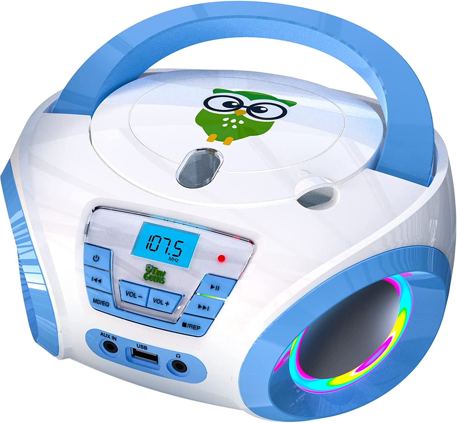TinyGeeks Tunes Kids Boombox CD Player for Kids + FM Radio + Cute Blue
