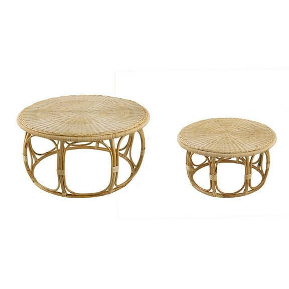 Benjara 32, 40 Inch Coffee Table Set of 2, Round Tops, Handwoven Rattan, Brown