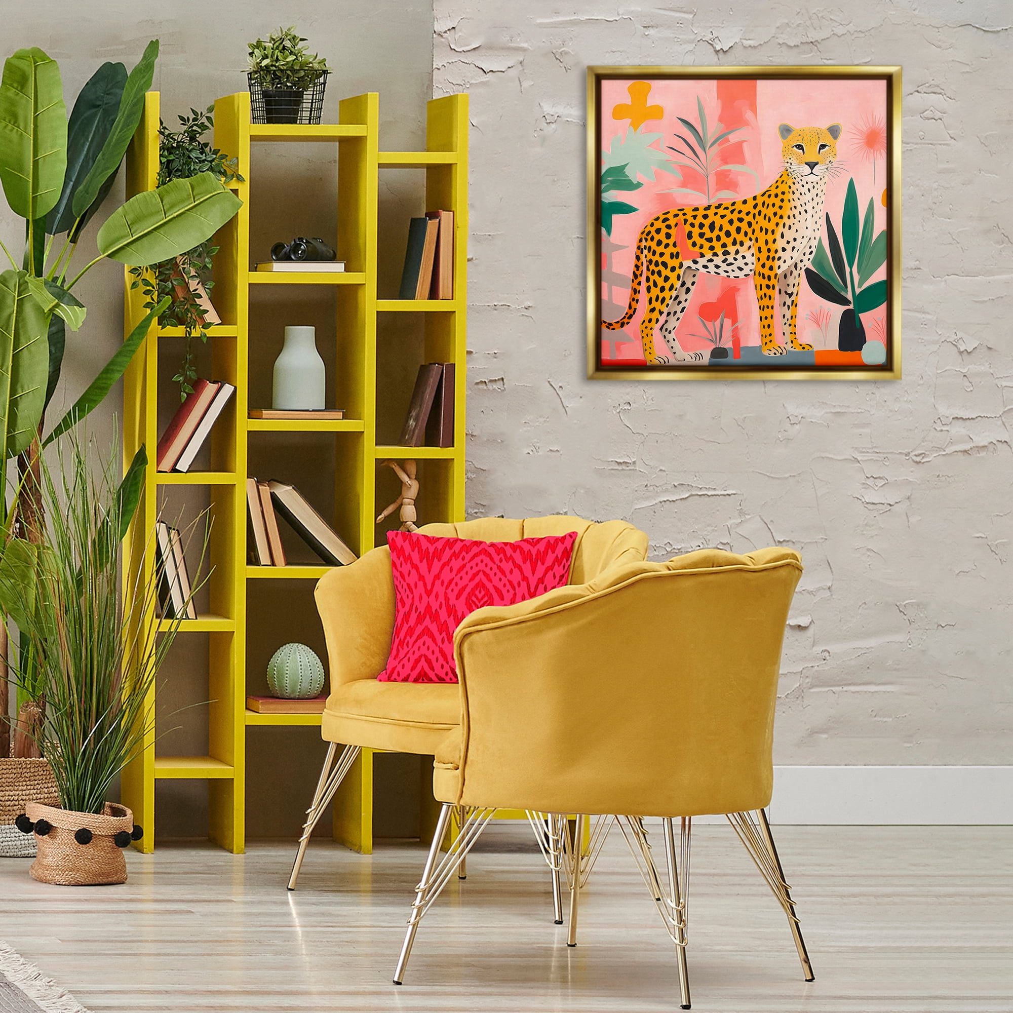 Stupell Industries Standing Leopard & Plants Animals & Insects Painting Gold Floater Framed Canvas Art Print Wall Art, 25 x 25