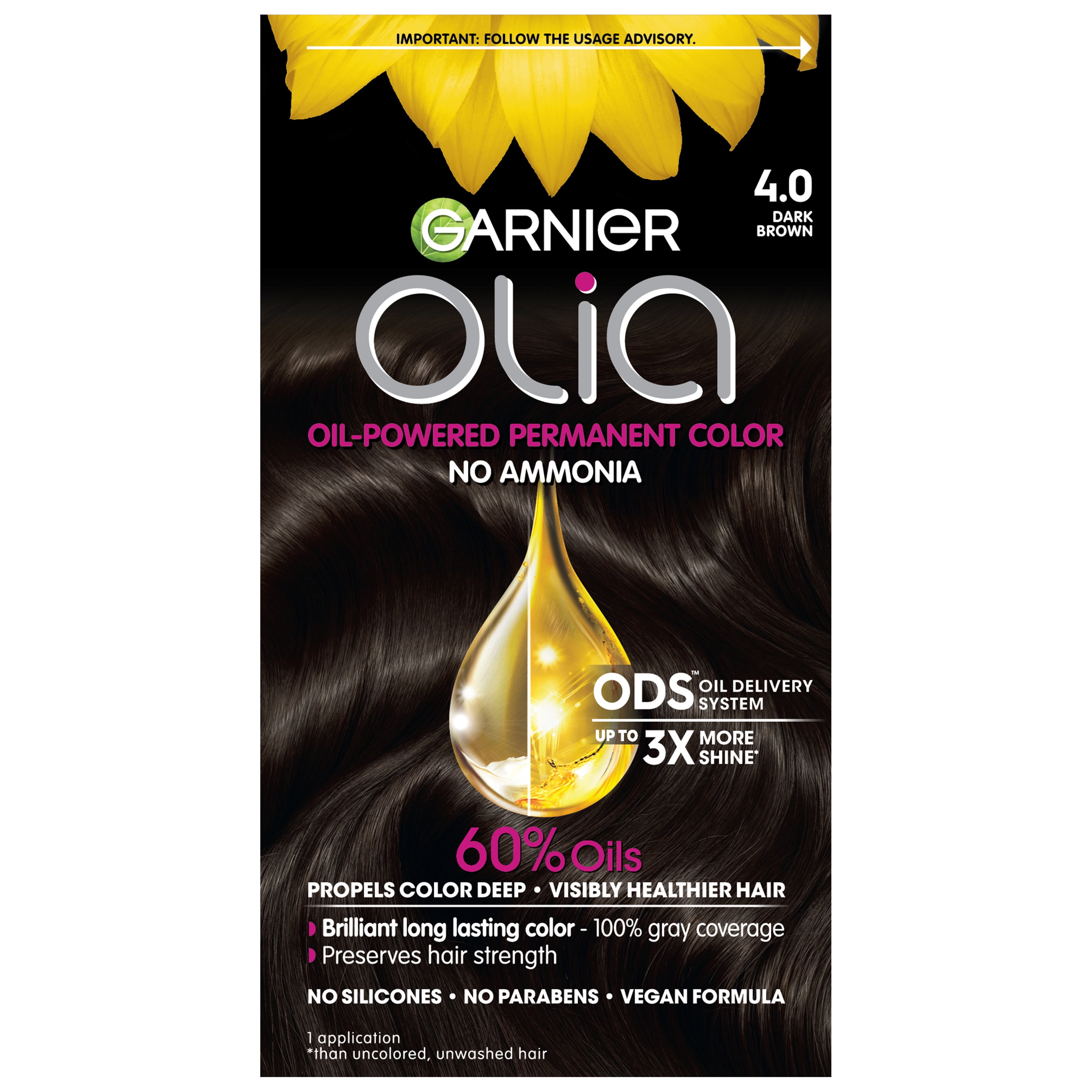 Garnier Olia Oil Powered Ammonia Free Permanent Hair Color, 4.0 Dark Brown, 1 kit