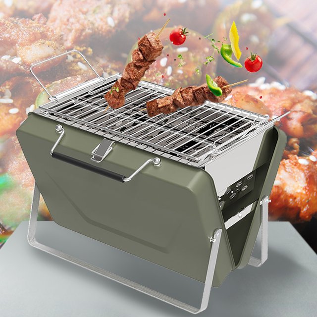 Parrilla portátil Mini Parrilla de carbón plegable para barbacoas al aire libre Camping Viajes Picnics Jardín Fiesta en la playa Verde M 32x24x10cm / 12.6x9.4x3.9in