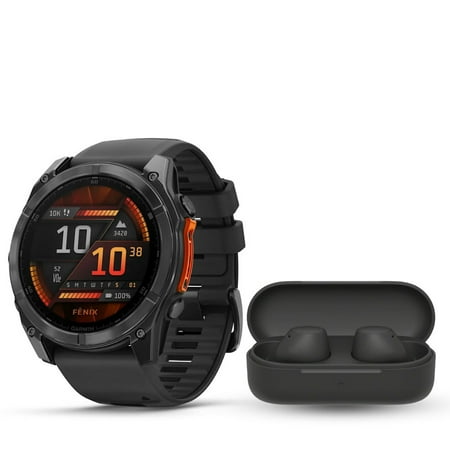 Garmin fenix 8 Sapphire Solar 51mm GPS Smartwatch (Black and Pebble Gray) Bundle with Truly Wireless Earbuds (Black) (2 Items)