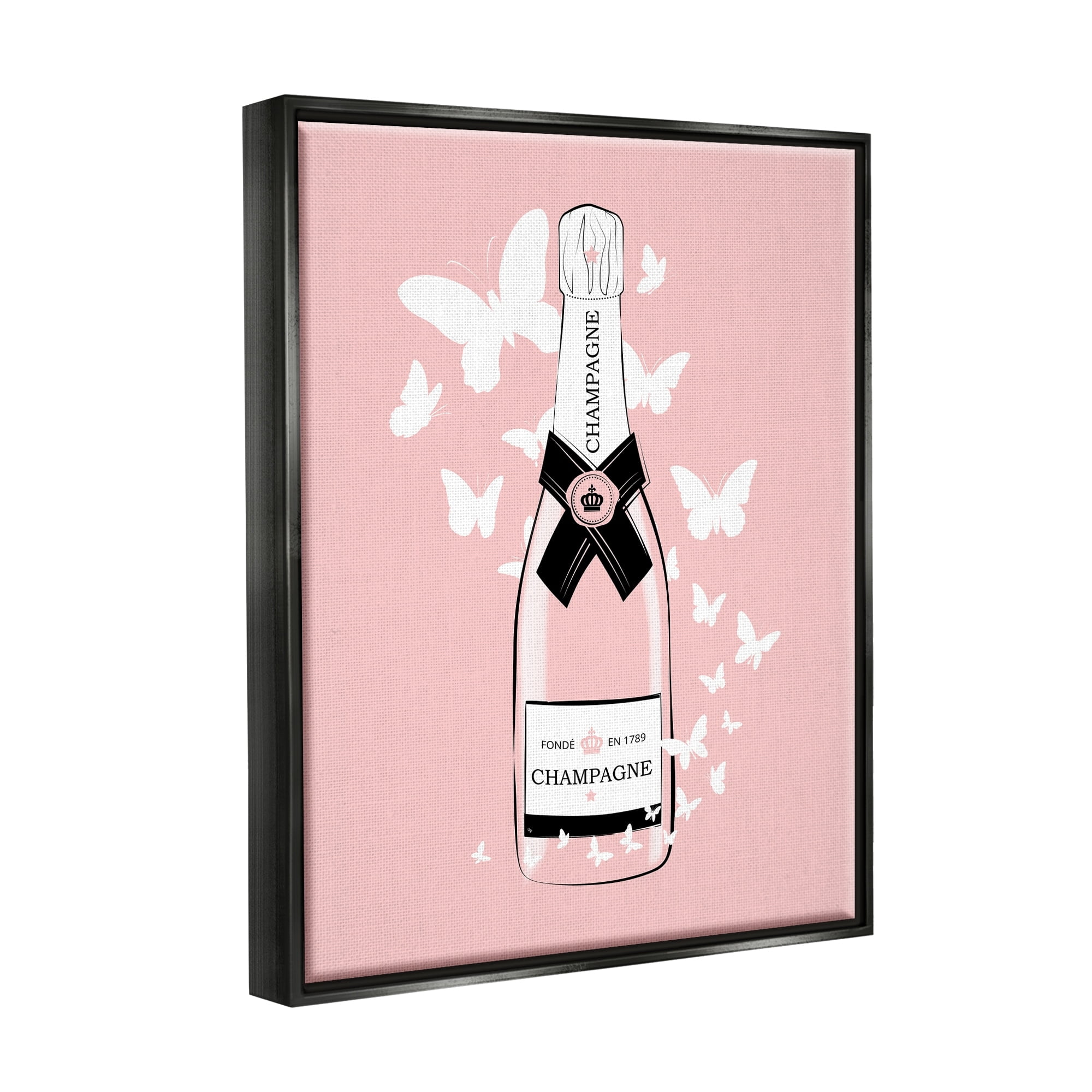 Stupell Industries Pastel Fluttering Butterflies Chic Pink Champagne Bottle Graphic Art Luster Gray Floating Framed Canvas Print Wall Art, Design by Martina Pavlova