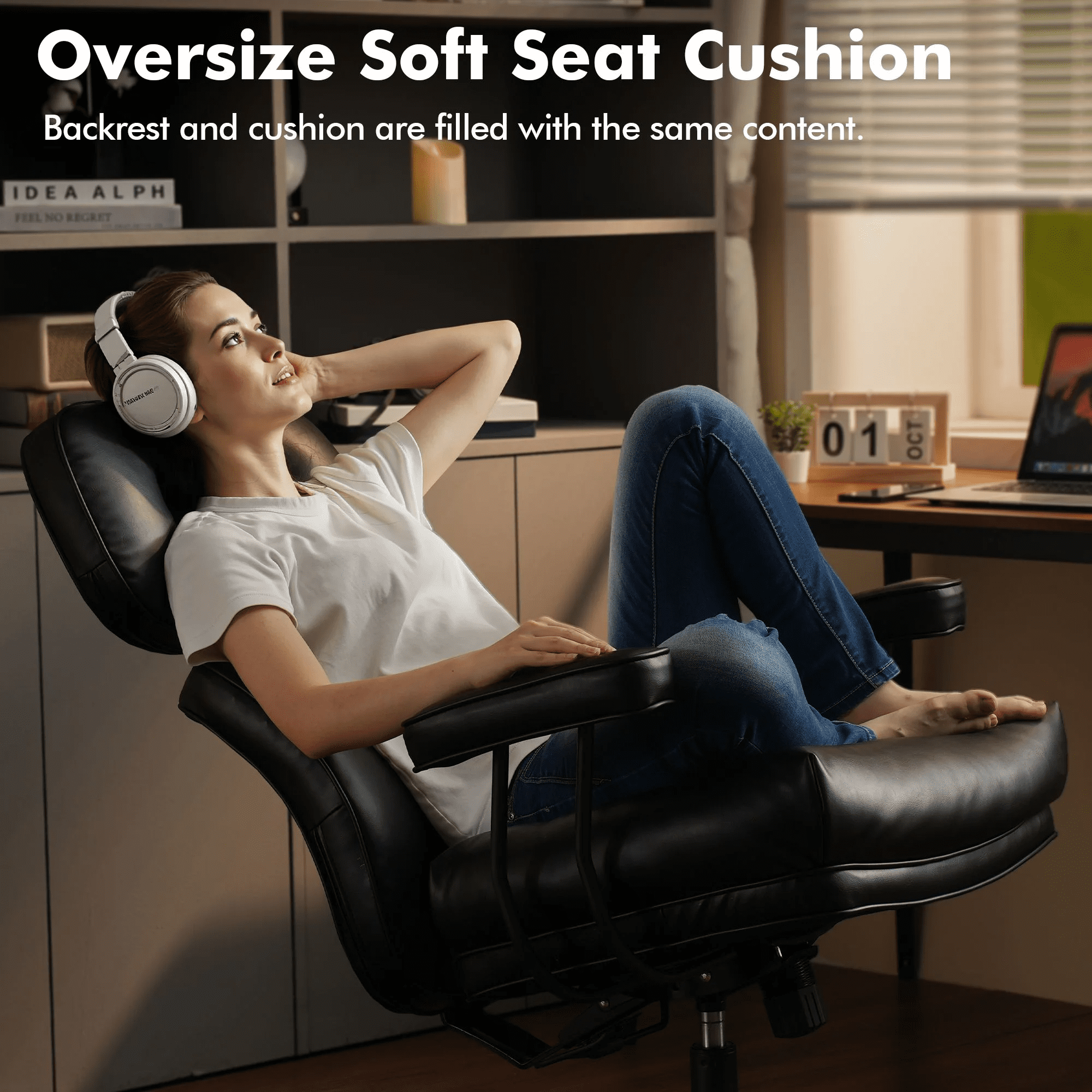 Vcatnet Ergonomic Executive Office Chair, High Back Computer Chair with Lumbar Support, PU Leather Mid-Century Modern Adjustable Home Office Desk Chair, Black