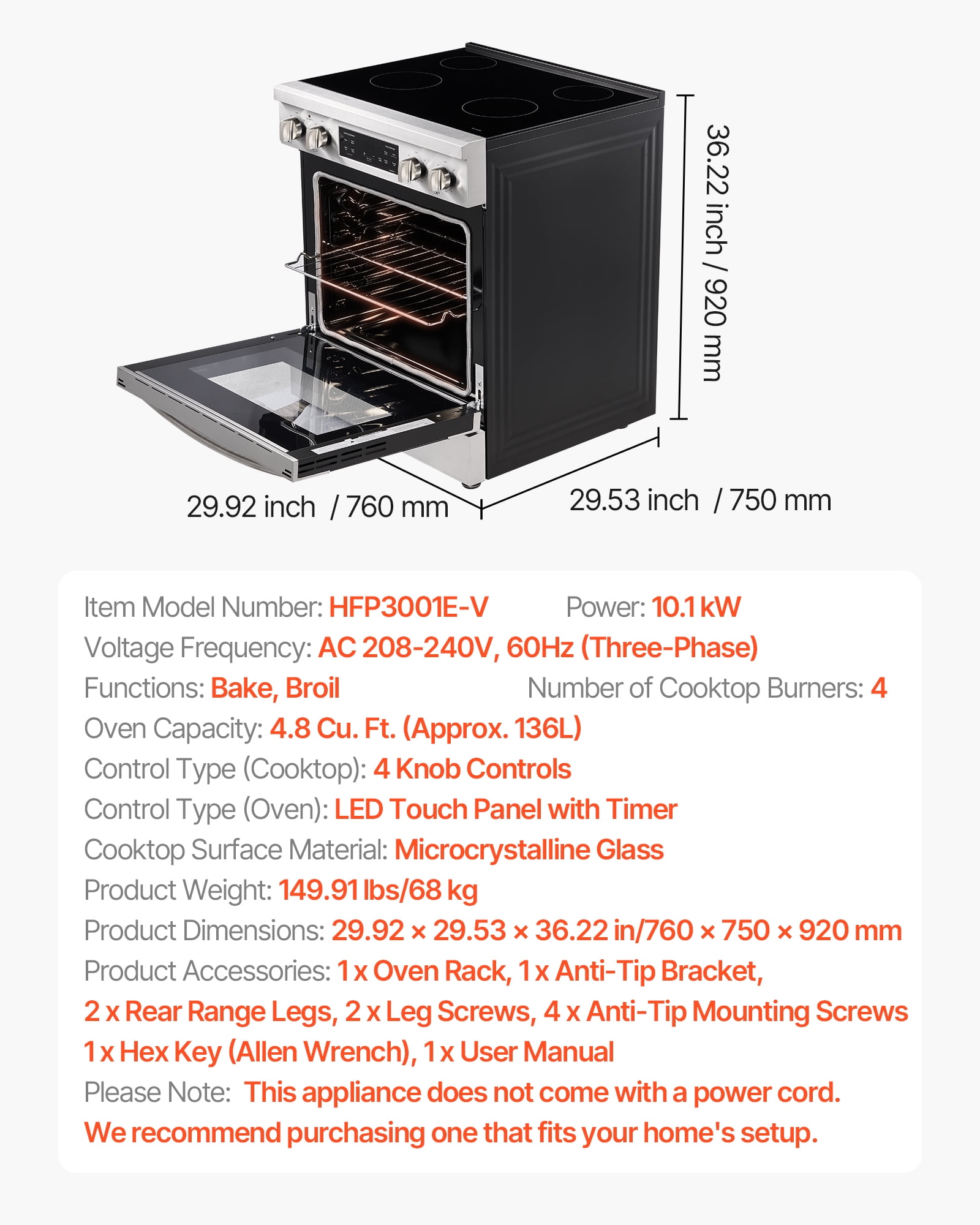 VEVOR 30 in Electric Range Oven, 4.8 Cu. Ft. Capacity Compact Freestanding Oven, Stainless Steel Kitchen Stove, with 4 Cooktop Burners, Timer, Easy Reach Racks, Storage Drawer, Light(No Power Cord)